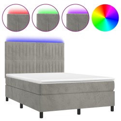 vidaXL Cama box spring colchón y LED terciopelo gris claro 140x190 cm