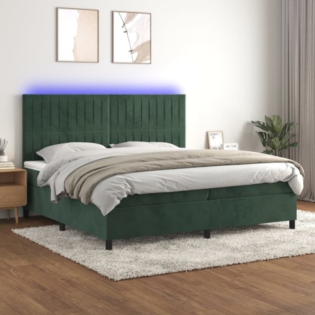 vidaXL Cama box spring colchón y LED terciopelo verde oscuro 200x200cm