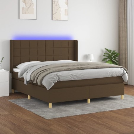 vidaXL Cama box spring colchón luces LED tela marrón oscuro 160x200cm
