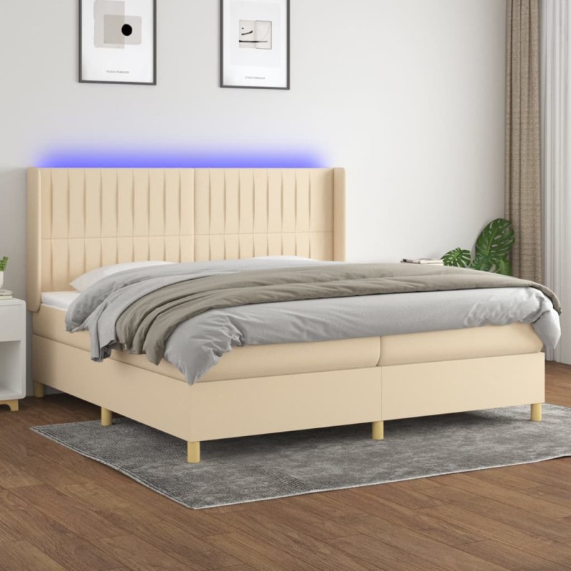 vidaXL Cama box spring colchón y luces LED tela crema 200x200 cm vidaXL Cama box spring colchón y luces LED tela crema 200x200 cm