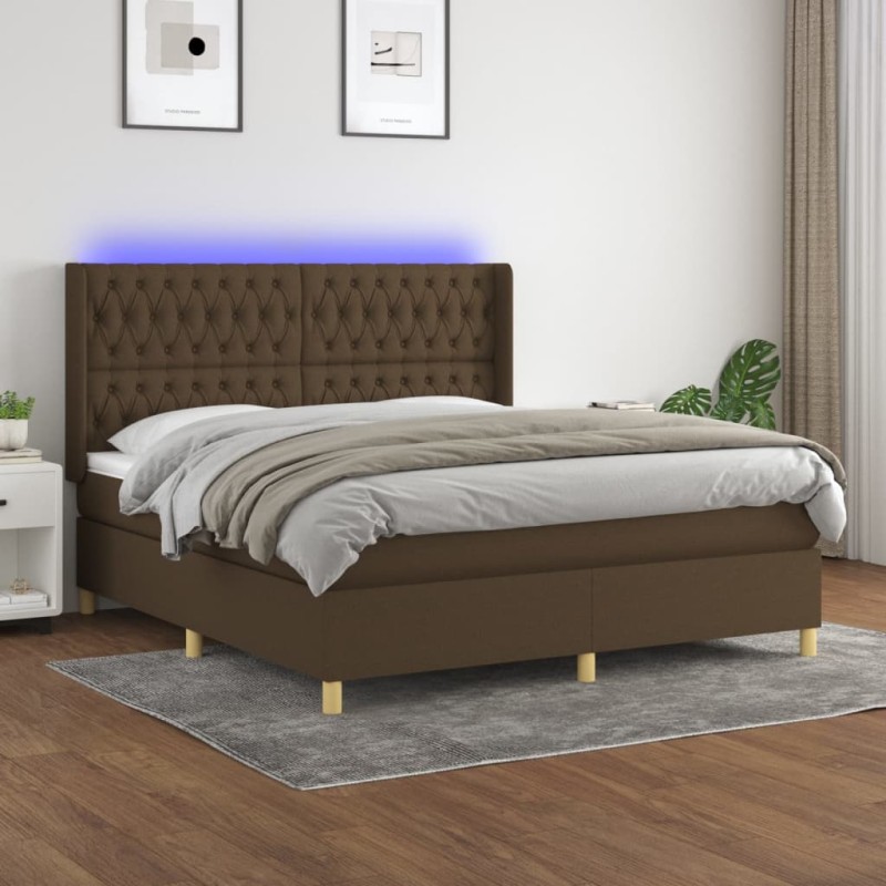 vidaXL Cama box spring colchón luces LED tela marrón oscuro 160x200cm vidaXL Cama box spring colchón luces LED tela marrón oscuro 160x200cm