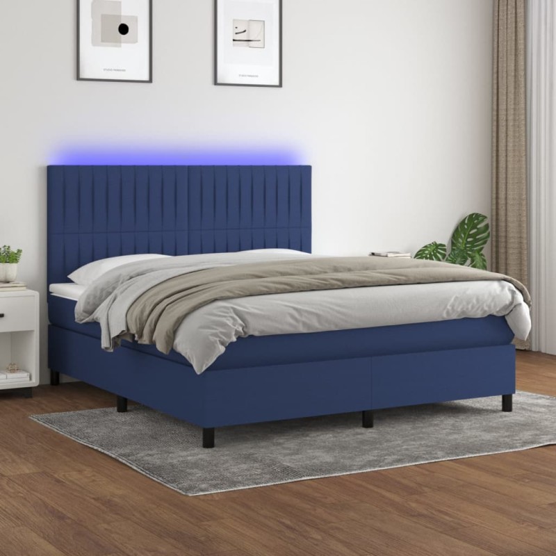 vidaXL Cama box spring colchón y luces LED tela azul 160x200 cm