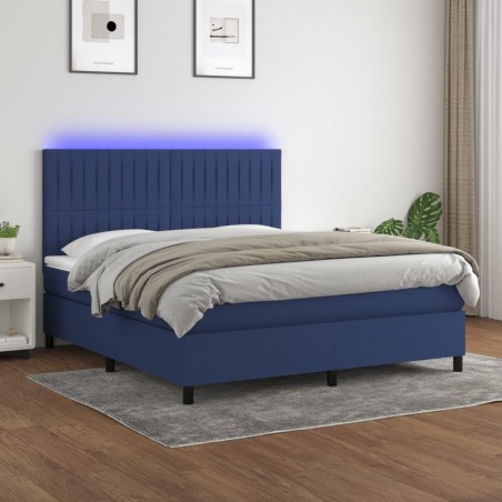 vidaXL Cama box spring colchón y luces LED tela azul 160x200 cm