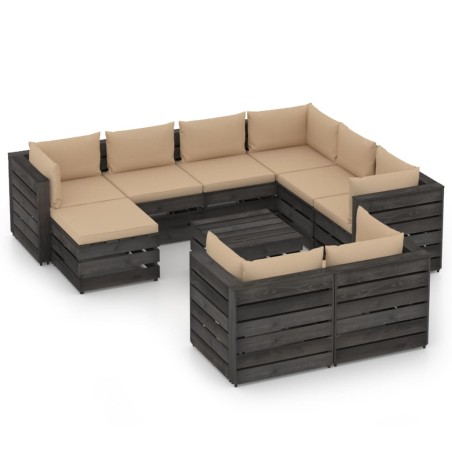 vidaXL Muebles de jardín 10 pzas con cojines madera impregnada gris