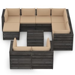 vidaXL Muebles de jardín 10 pzas con cojines madera impregnada gris
