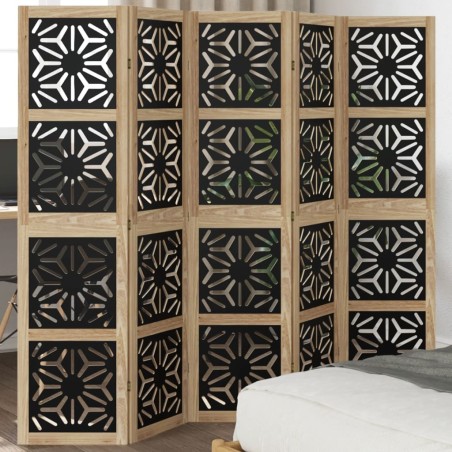vidaXL Biombo separador 5 paneles madera maciza Paulownia marrón negro