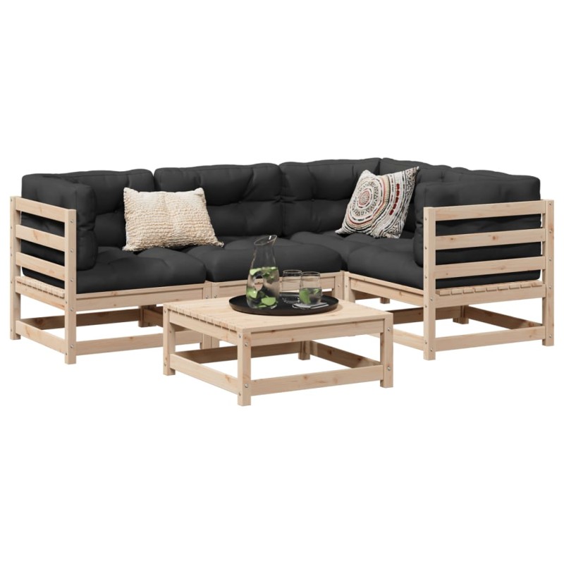 vidaXL Juego de sofás de jardín 5 pzas con cojines madera maciza pino vidaXL Juego de sofás de jardín 5 pzas con cojines madera maciza pino