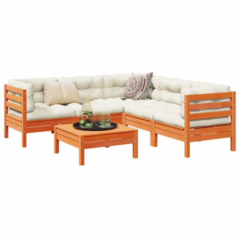 vidaXL Set de sofás jardín 6 pzas con cojines madera pino marrón cera vidaXL Set de sofás jardín 6 pzas con cojines madera pino marrón cera