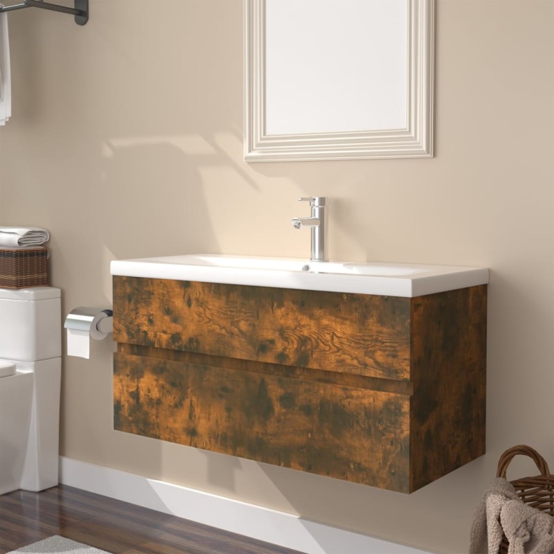 vidaXL Mueble de baño con lavabo madera contrachapada roble ahumado vidaXL Mueble de baño con lavabo madera contrachapada roble ahumado
