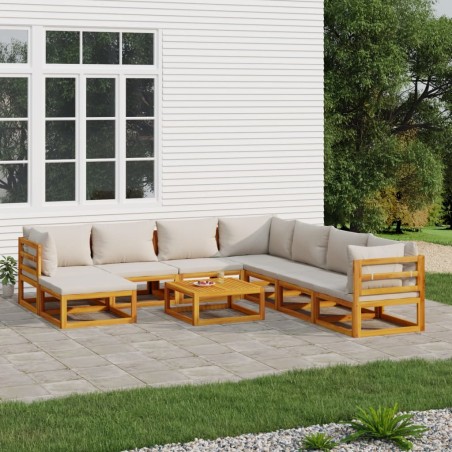 vidaXL Set muebles de jardín 9 pzas madera maciza y cojines gris claro