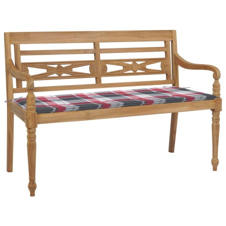 vidaXL Banco Batavia madera maciza teca y cojín a cuadros rojos 120 cm
