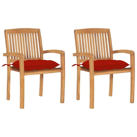 vidaXL Sillas de jardín 2 uds madera maciza de teca con cojines rojos