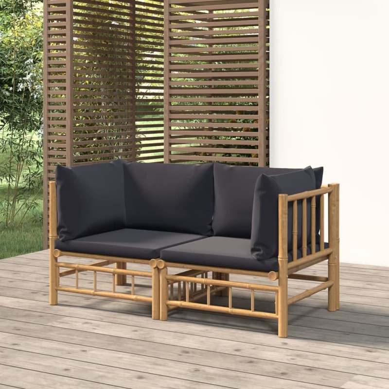 vidaXL Sofás de esquina de jardín 2 uds bambú con cojines gris oscuro