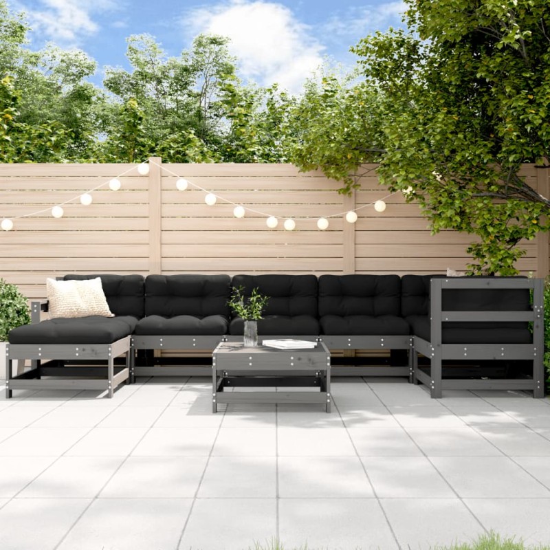 vidaXL Juego de muebles de jardín 8 pzas y cojines madera maciza gris vidaXL Juego de muebles de jardín 8 pzas y cojines madera maciza gris