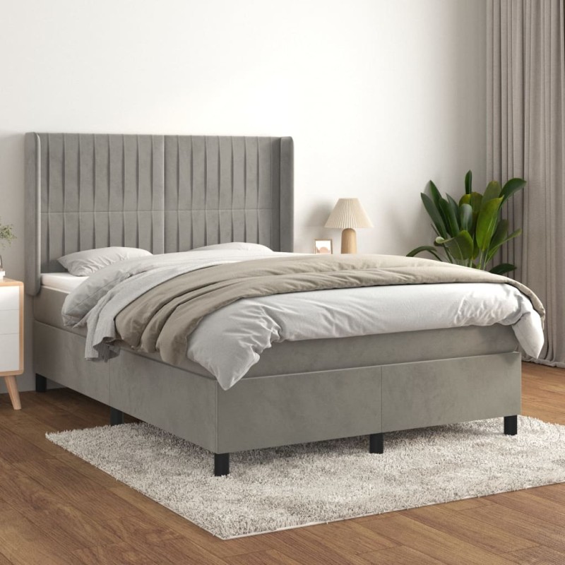 vidaXL Cama box spring con colchón terciopelo gris claro 140x190 cm vidaXL Cama box spring con colchón terciopelo gris claro 140x190 cm