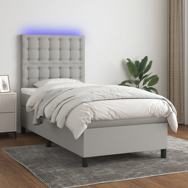 vidaXL Cama box spring colchón y luces LED tela gris claro 100x200 cm
