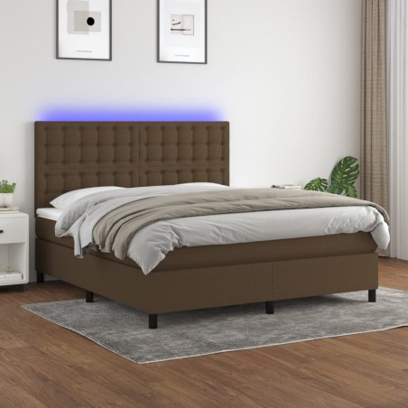 vidaXL Cama box spring colchón luces LED tela marrón oscuro 180x200cm