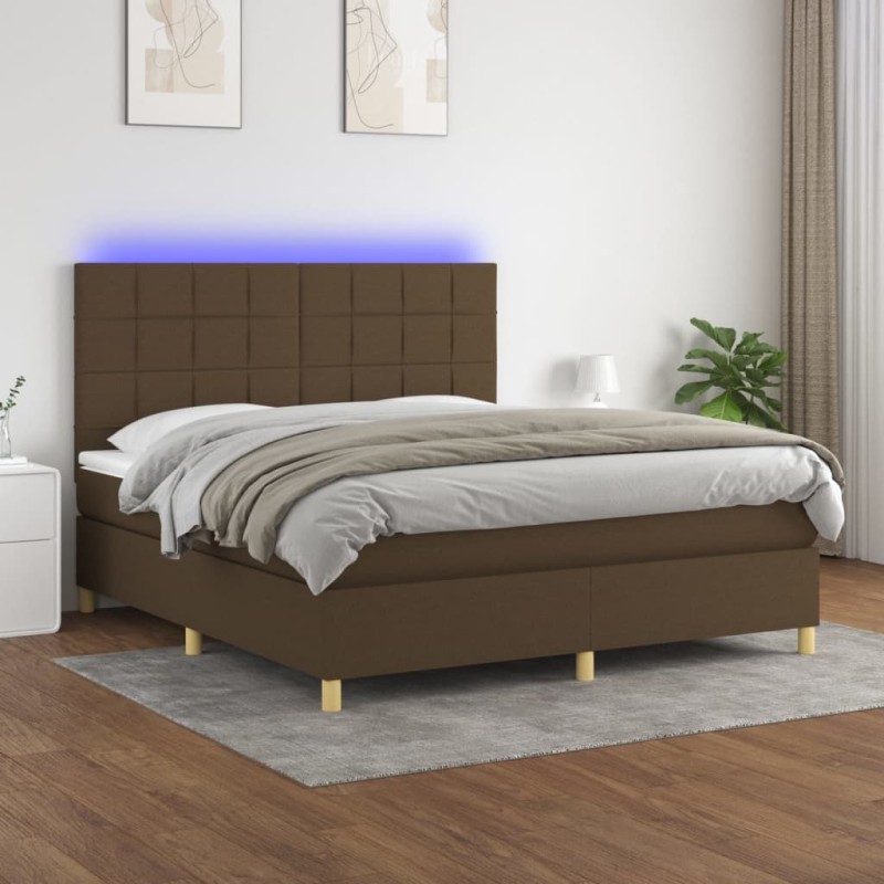 vidaXL Cama box spring colchón luces LED tela marrón oscuro 160x200cm vidaXL Cama box spring colchón luces LED tela marrón oscuro 160x200cm