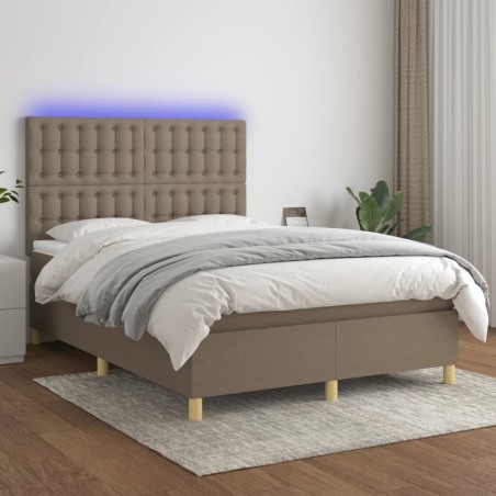 vidaXL Cama box spring colchón y luces LED tela gris taupe 140x190 cm