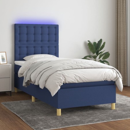 vidaXL Cama box spring colchón y luces LED tela azul 100x200 cm