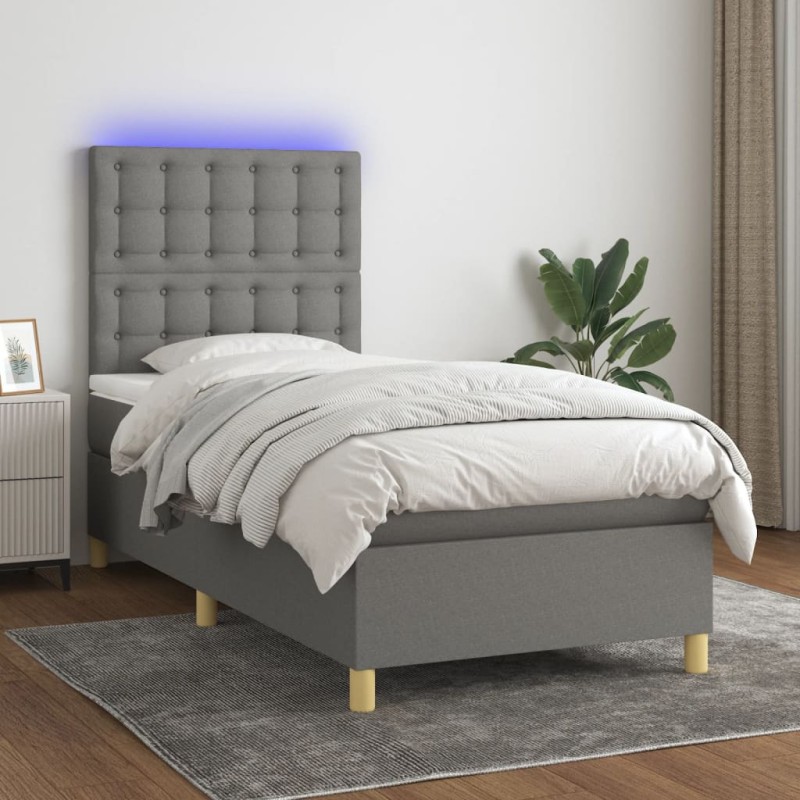 vidaXL Cama box spring colchón y luces LED tela gris oscuro 90x190 cm vidaXL Cama box spring colchón y luces LED tela gris oscuro 90x190 cm