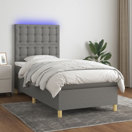 vidaXL Cama box spring colchón y luces LED tela gris oscuro 90x190 cm