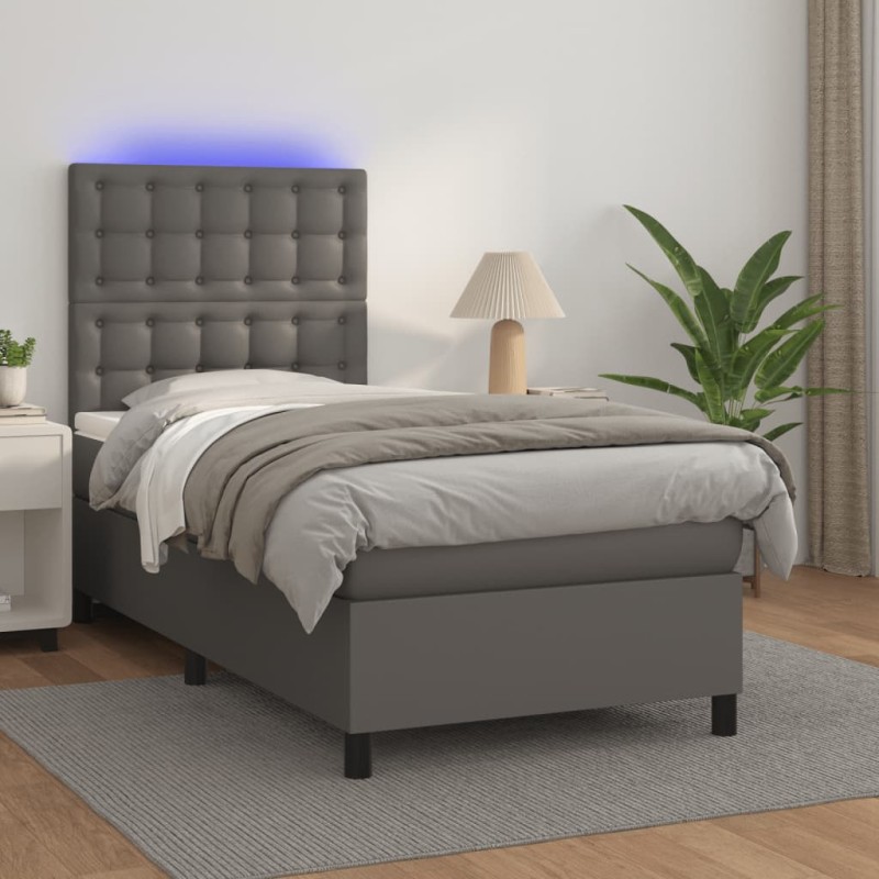 vidaXL Cama box spring y colchón LED cuero sintético gris 90x200 cm vidaXL Cama box spring y colchón LED cuero sintético gris 90x200 cm