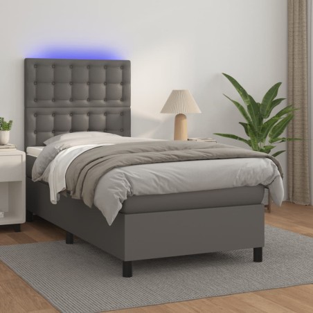 vidaXL Cama box spring y colchón LED cuero sintético gris 90x200 cm