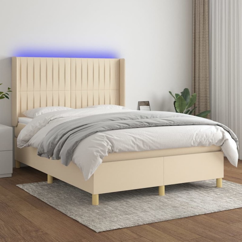 vidaXL Cama box spring colchón y luces LED tela crema 140x190 cm vidaXL Cama box spring colchón y luces LED tela crema 140x190 cm