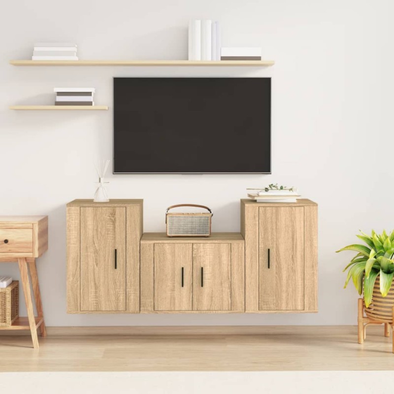 vidaXL Set de muebles para TV 3 pzas madera contrachapada roble sonoma vidaXL Set de muebles para TV 3 pzas madera contrachapada roble sonoma