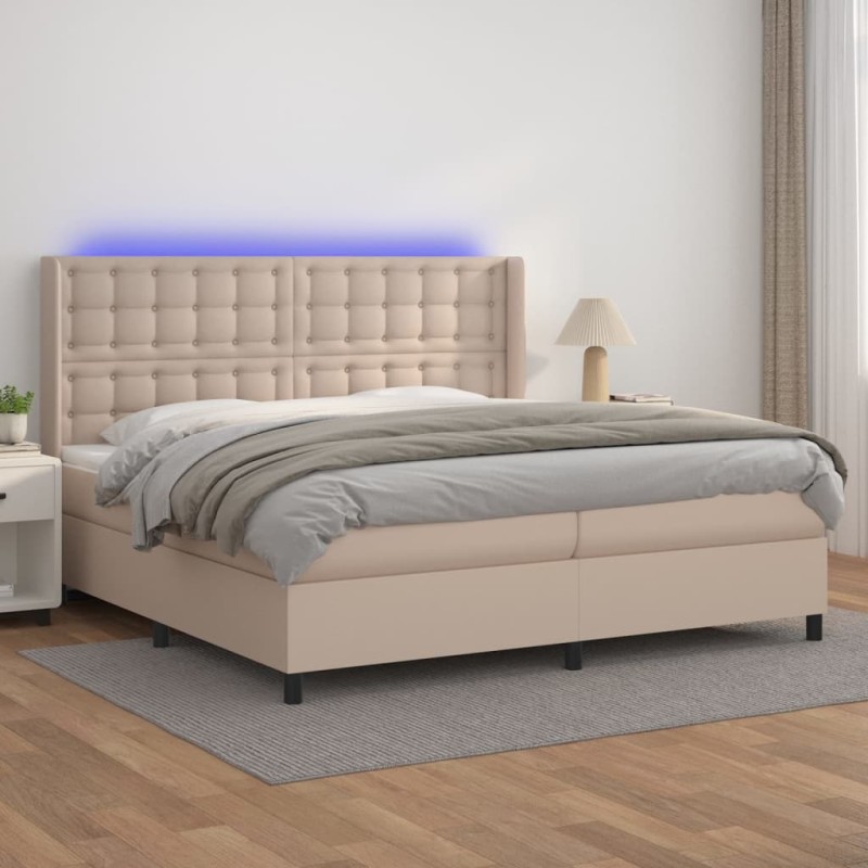 vidaXL Cama box spring colchón LED cuero sintético capuchino 200x200cm vidaXL Cama box spring colchón LED cuero sintético capuchino 200x200cm