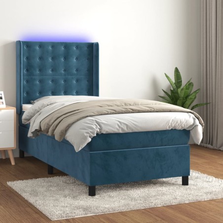 vidaXL Cama box spring colchón y LED terciopelo azul oscuro 90x200 cm