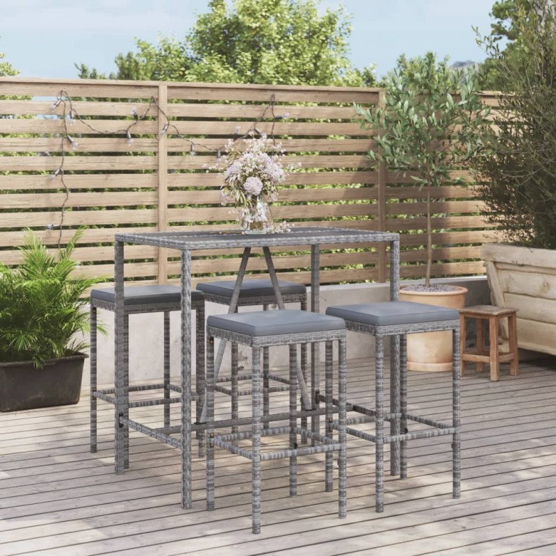 vidaXL Mesa y taburetes altos jardín 5 piezas y cojines ratán PE gris vidaXL Mesa y taburetes altos jardín 5 piezas y cojines ratán PE gris