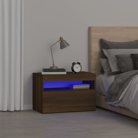 vidaXL Mesita de noche con luces LED marrón roble 60x35x40 cm