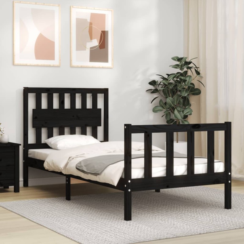 vidaXL Estructura de cama con cabecero madera maciza negro 90x200 cm vidaXL Estructura de cama con cabecero madera maciza negro 90x200 cm