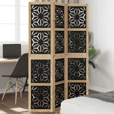 vidaXL Biombo separador 3 paneles madera maciza Paulownia marrón negro