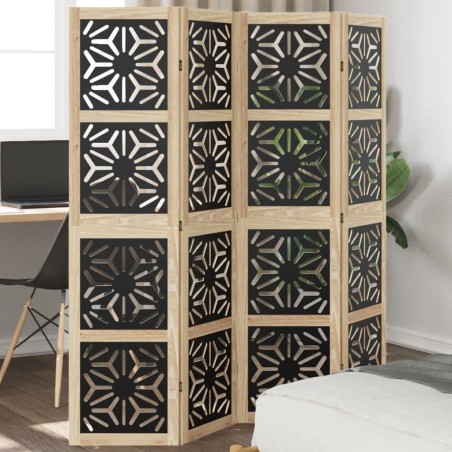 vidaXL Biombo separador 4 paneles madera maciza Paulownia marrón negro