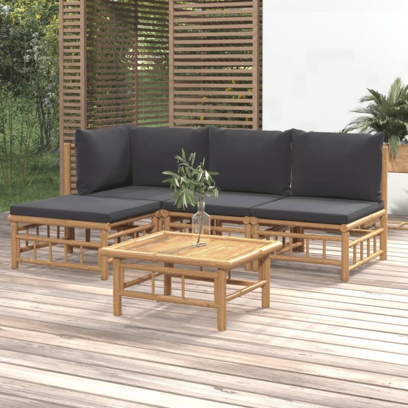vidaXL Set de muebles de jardín 5 piezas bambú con cojines gris oscuro vidaXL Set de muebles de jardín 5 piezas bambú con cojines gris oscuro