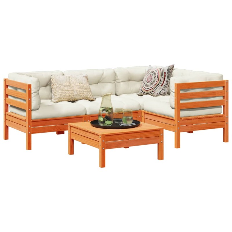 vidaXL Set de sofás jardín 5 pzas con cojines madera pino marrón cera vidaXL Set de sofás jardín 5 pzas con cojines madera pino marrón cera