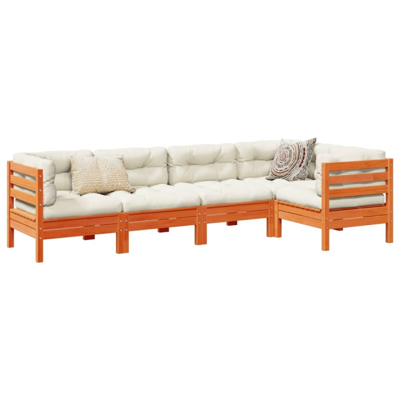 vidaXL Set de sofás jardín 5 pzas con cojines madera pino marrón cera vidaXL Set de sofás jardín 5 pzas con cojines madera pino marrón cera