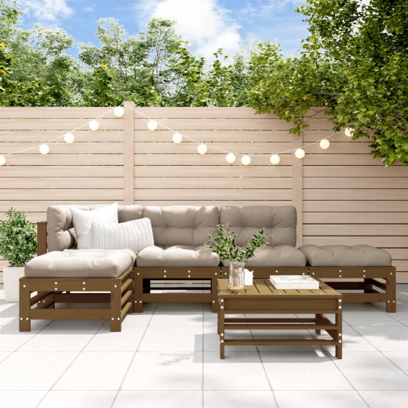 vidaXL Juego muebles jardín 6 pzas y cojines madera maciza marrón miel