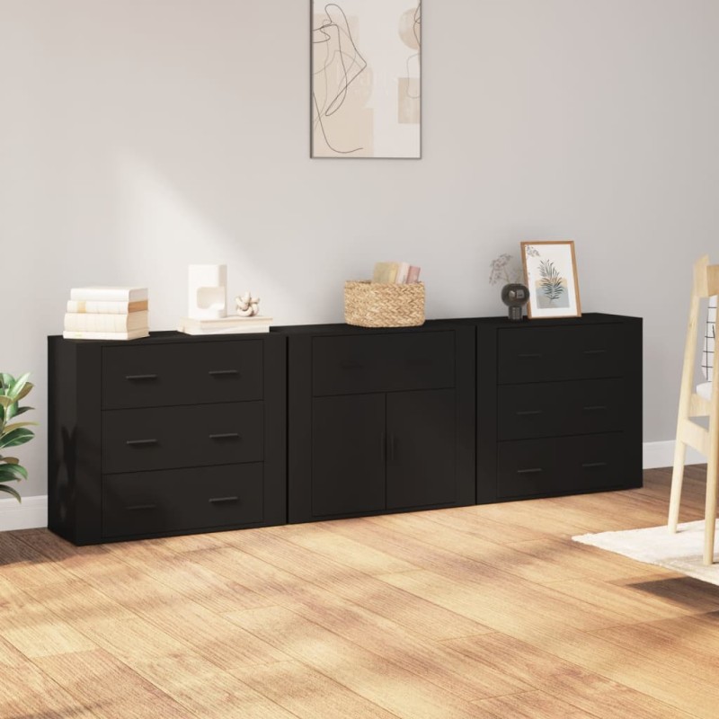 vidaXL Aparadores 3 piezas madera contrachapada negro vidaXL Aparadores 3 piezas madera contrachapada negro