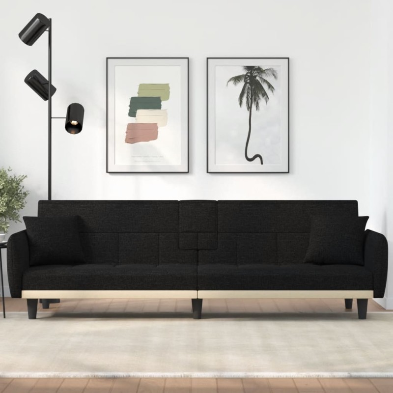 vidaXL Sofá cama con portavasos tela negro vidaXL Sofá cama con portavasos tela negro