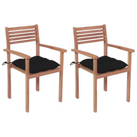 vidaXL Sillas de jardín 2 uds madera maciza de teca con cojines negros