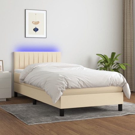 vidaXL Cama box spring colchón y luces LED tela crema 90x200 cm