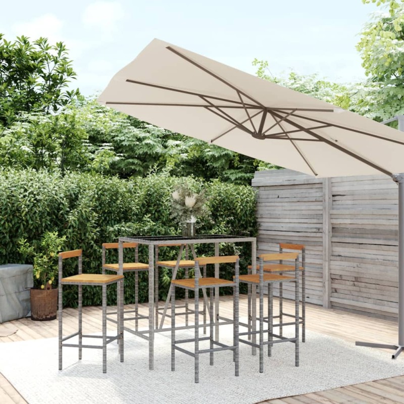 vidaXL Mesa bar y taburetes jardín 7 pzas madera acacia ratán PE gris vidaXL Mesa bar y taburetes jardín 7 pzas madera acacia ratán PE gris