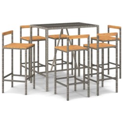 vidaXL Mesa bar y taburetes jardín 7 pzas madera acacia ratán PE gris