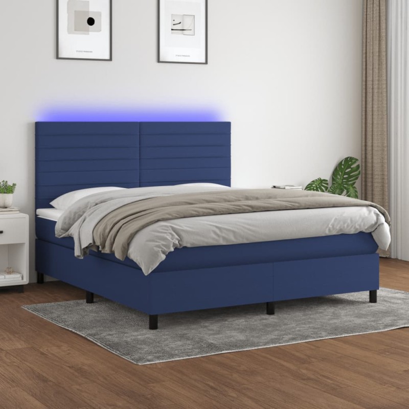 vidaXL Cama box spring colchón y luces LED tela azul 160x200 cm vidaXL Cama box spring colchón y luces LED tela azul 160x200 cm