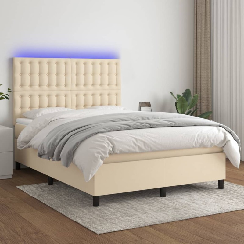 vidaXL Cama box spring colchón y luces LED tela crema 140x190 cm vidaXL Cama box spring colchón y luces LED tela crema 140x190 cm