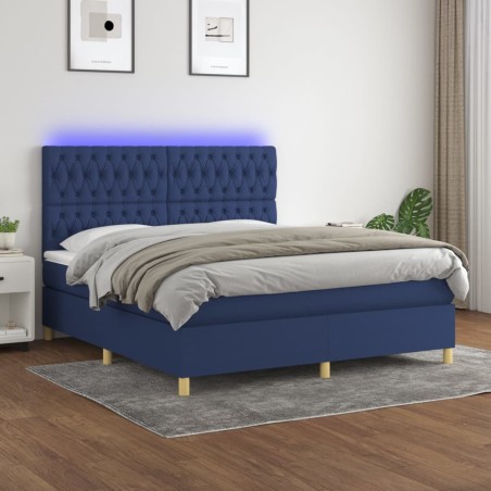 vidaXL Cama box spring colchón y luces LED tela azul 180x200 cm